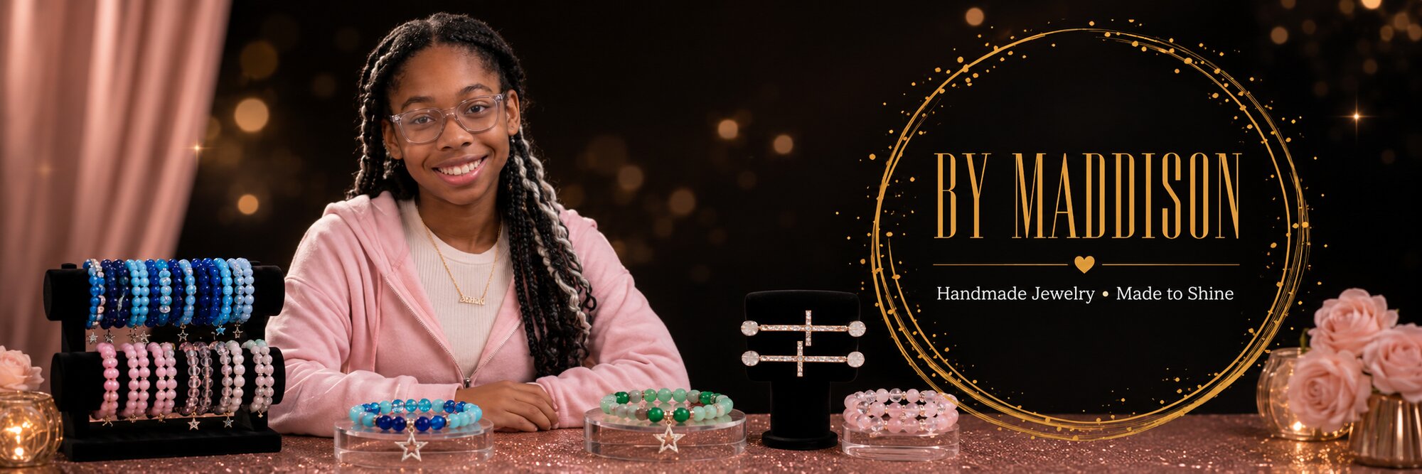M by Maddison — Maddison at a styled table of handmade beaded bracelets